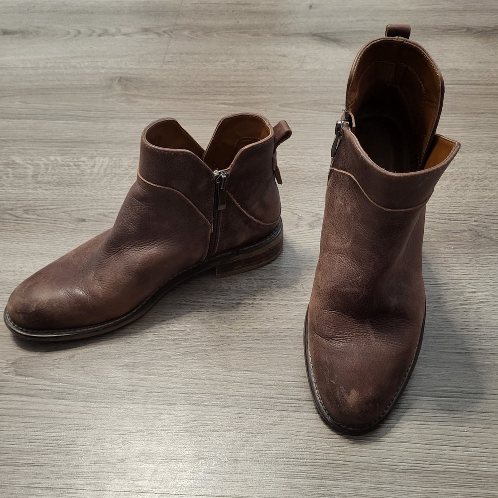 Franco Sarto Haddix Brown Leather Ankle Boots Side Zip Rustic Fall Womens 8